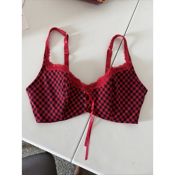 Frederick's of Hollywood Other - Fredricks of Hollywood Bra Red Gingham 40DD Lace up Black Front Bra Padded